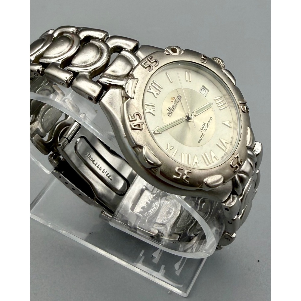 Vintage Ellesse Swiss Quartz Watch 200M Silver Tone Date Bracelet